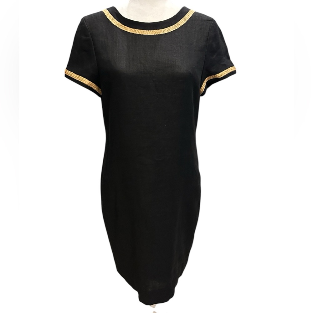 Liz Claiborne Black Midi Dress with Gold Trim 100% linen